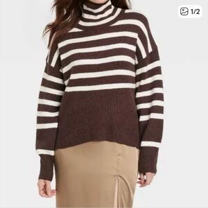 NWT Striped Brown and White Turtleneck Sweater